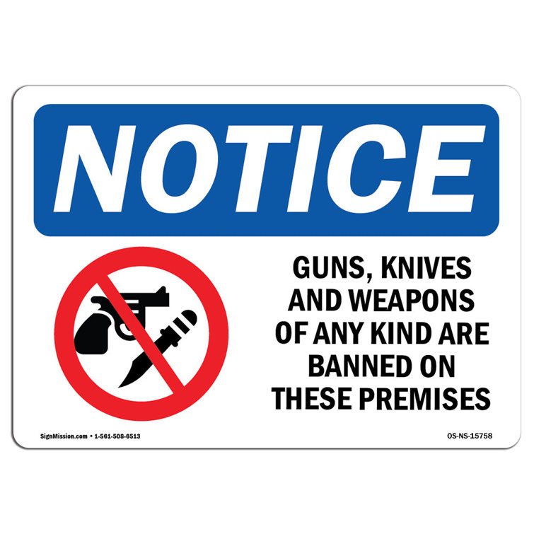 SignMission Notice - Guns Knives Weapons Banned on These Premises Sign